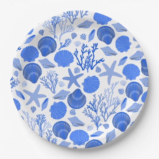 Blue Seashells and Coral Pattern Beach Pappteller (Vorderseite)