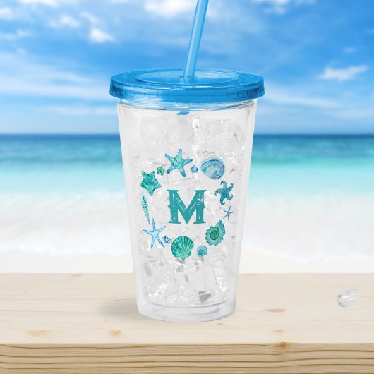 Blue Seashells and Starfish Monogram Acryltrinkbecher