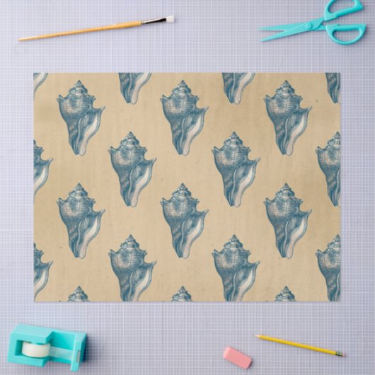 Blue Seashells auf Tan Decoupage Seidenpapier (Basteln)