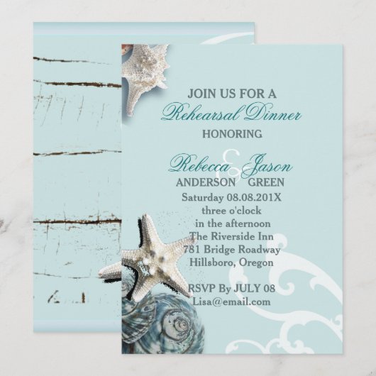 Blue Seashells Beach Hochzeit Probe Dinner Einladung (Vorne/Hinten)