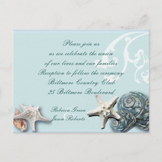 Blue Seashells Beach Hochzeitskarten Empfang Postkarte (Vorderseite)