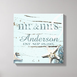 BLue Seashells Beach Wedding mr and mrs Leinwanddruck
