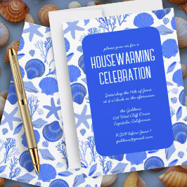 Blue Seashells Chic Beach Housewarming Party Einladung