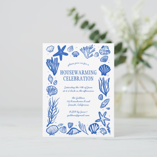 Blue Seashells Custom HoUSEWARMING PARTEI Einladun Postkarte (Stehend Vorderseite)