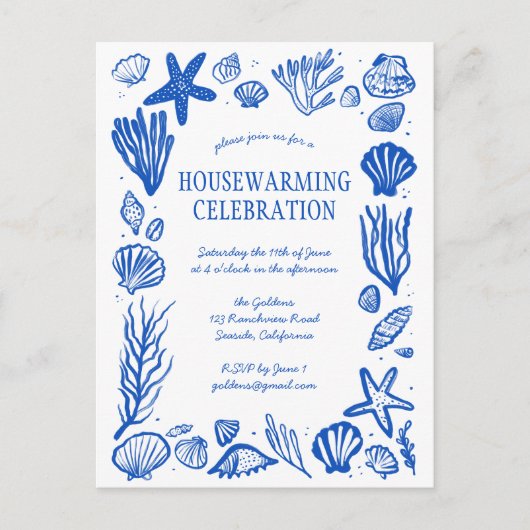 Blue Seashells Custom HoUSEWARMING PARTEI Einladun Postkarte (Vorderseite)