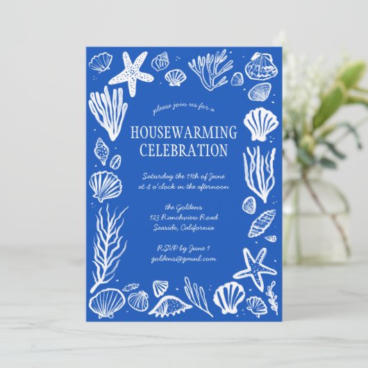 Blue Seashells Custom HOUSEWARMING PARTY Einladung (Stehend Vorderseite)