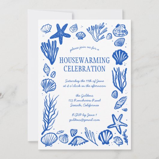 Blue Seashells Custom HOUSEWARMING PARTY Einladung (Vorderseite)