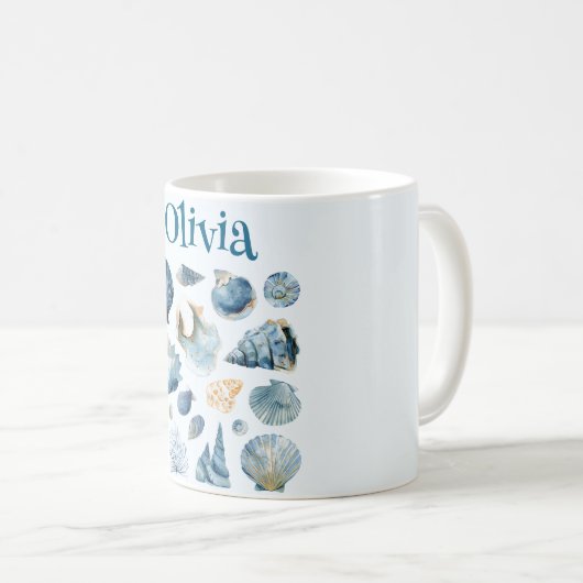 Blue Seashells Mug | Custom Name Kaffeetasse (VorderseiteRechts)