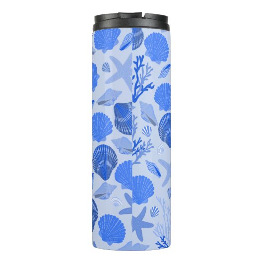 Blue Seashells Muster CUSTOM Bridesmaid Geschenk Thermosbecher (Rückseite)