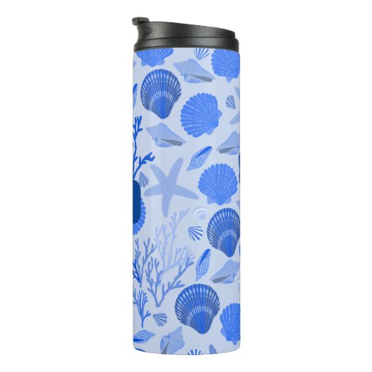 Blue Seashells Muster CUSTOM Bridesmaid Geschenk Thermosbecher (Nach rechts gedreht)