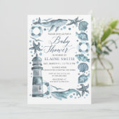 Blue Seashells Ocean Sea Beach Baby Shower Einladung (Stehend Vorderseite)