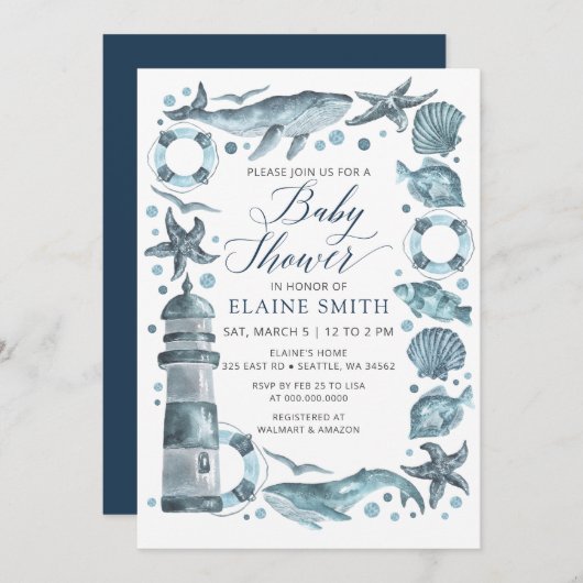 Blue Seashells Ocean Sea Beach Baby Shower Einladung (Vorne/Hinten)