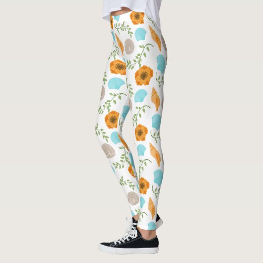 Blue Seashells Sea Snail Orange Flower Leggings (Links)