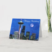 Blue Seattle Skyline Happy Birthday Karte (Vorderseite)