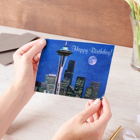 Blue Seattle Skyline Happy Birthday Pergament Einladungen (Handgehalten)