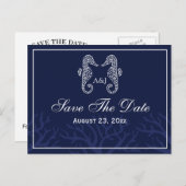 Blue Seepferd Monogram Save the Date Postkarten (Vorne/Hinten)