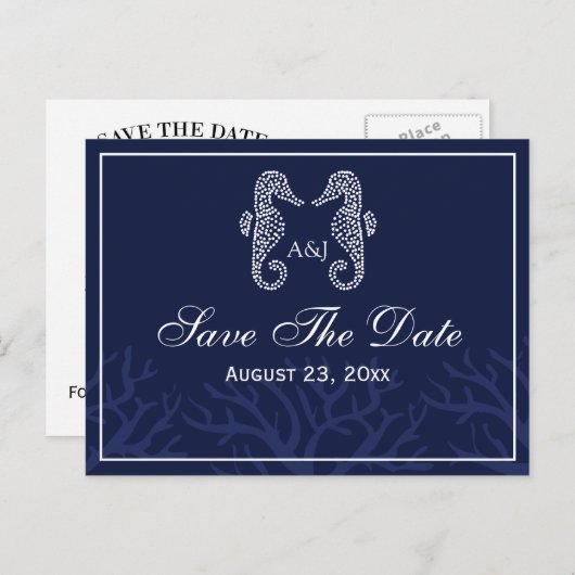 Blue Seepferd Monogram Save the Date Postkarten (Vorne/Hinten)