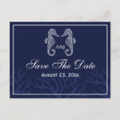 Blue Seepferd Monogram Save the Date Postkarten (Vorderseite)