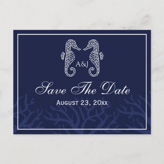Blue Seepferd Monogram Save the Date Postkarten (Vorderseite)