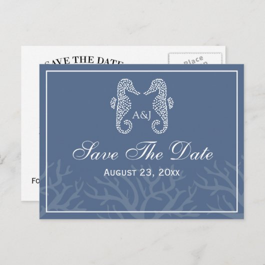 Blue Seepferd Monogram Save the Date Postkarten (Vorne/Hinten)
