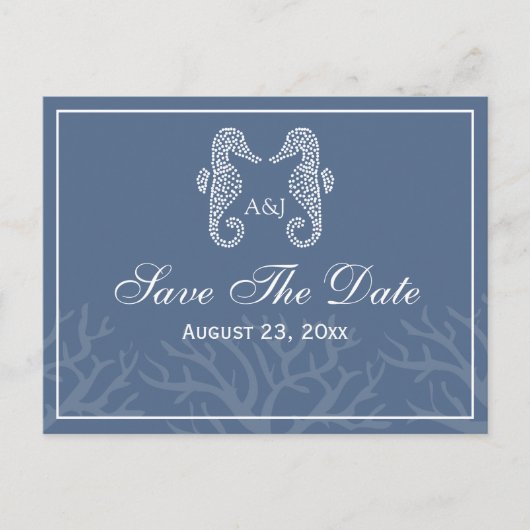 Blue Seepferd Monogram Save the Date Postkarten (Vorderseite)