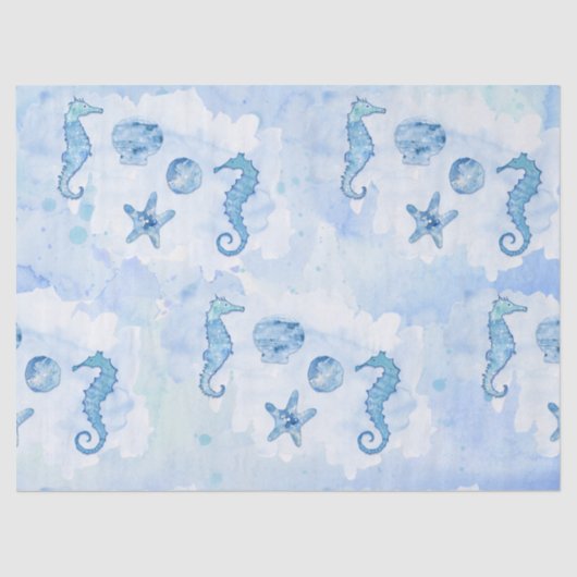 Blue Seepferd Starfish Muscheln Wasserfarben Wash Seidenpapier (Vorderseite)