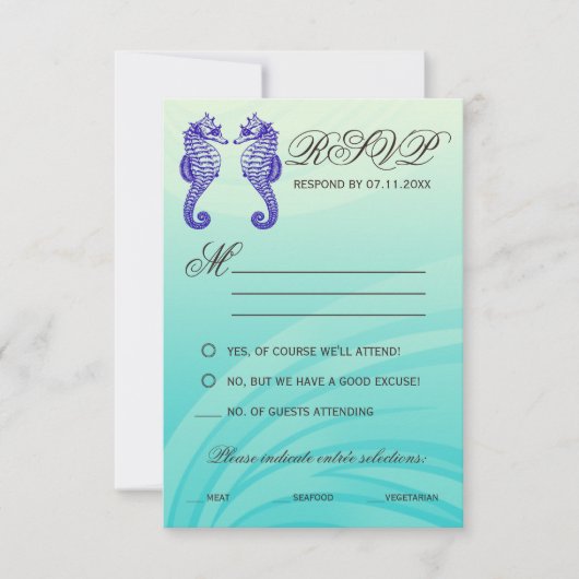 Blue Seepferd Wedding RSVP Cards Karte (Vorderseite)
