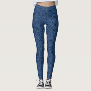 Blue Seigaiha japanisches Wave Muster Leggings
