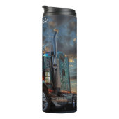 Blue Semi Truck Sunset Scrollwork Thermosbecher (Nach rechts gedreht)