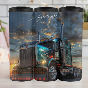 Blue Semi Truck Sunset Scrollwork Thermosbecher