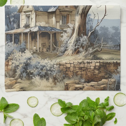 Blue Sepia BrownToile Bauernhof Landschaft Geschirrtuch (Gefaltet)