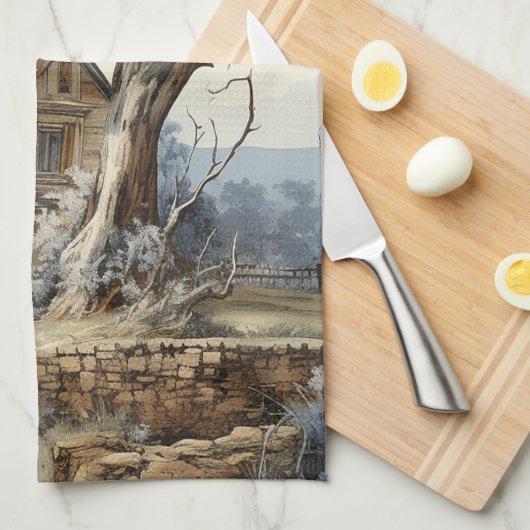 Blue Sepia BrownToile Bauernhof Landschaft Geschirrtuch (Viertel Falte)