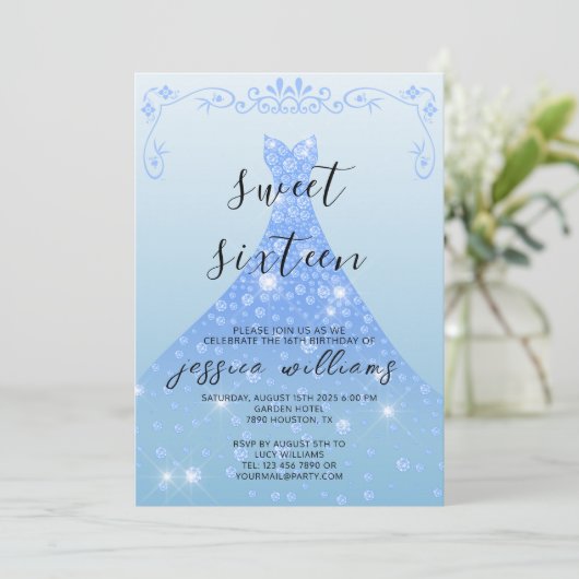 Blue Sequin Ball Gown & Wirbel Sweet 16 Birthday Einladung (Stehend Vorderseite)