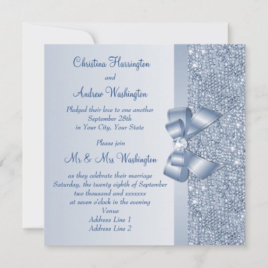 Blue Sequins & Jeweled Bow Wedding Reception Einladung (Rückseite)