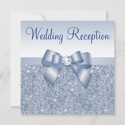 Blue Sequins & Jeweled Bow Wedding Reception Einladung (Vorderseite)