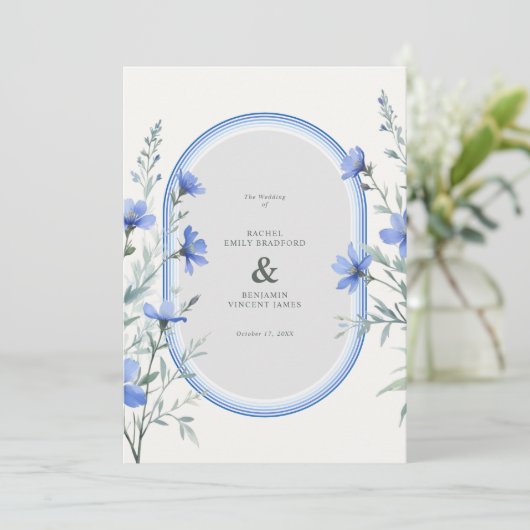 Blue Shades Cherish Botanical Wildflowers Branches Einladung (Stehend Vorderseite)