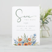 Blue Shades Delicate Floral Bouquet Border Wedding Save The Date (Stehend Vorderseite)