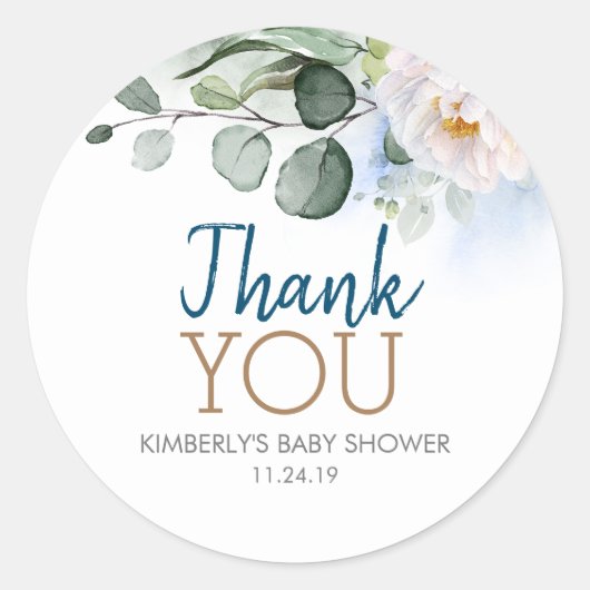 Blue Shades Greenery und White Blume Baby Dusche Runder Aufkleber (Vorderseite)