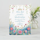 Blue Shades Spanish Mexican XVs Floral Border Einladung (Stehend Vorderseite)