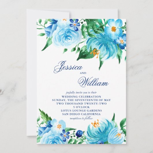 Blue Shades Watercolor Florals Wedding Einladung (Vorderseite)