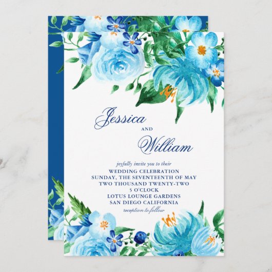 Blue Shades Watercolor Florals Wedding Einladung (Vorne/Hinten)