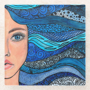 Blue Shades Wavy Hair Lady Original Artwork Glasuntersetzer