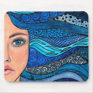 Blue Shades Wavy Hair Lady Original Artwork Mousepad