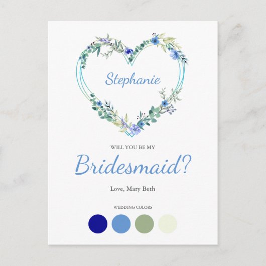 Blue Shades Wreath Heart for Bridesmaids Proposal Einladungspostkarte (Vorderseite)