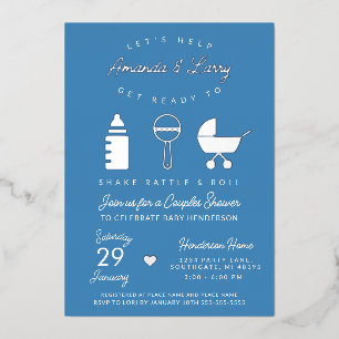 Blue Shake Rattle and Roll Baby Dusche Folieneinladung