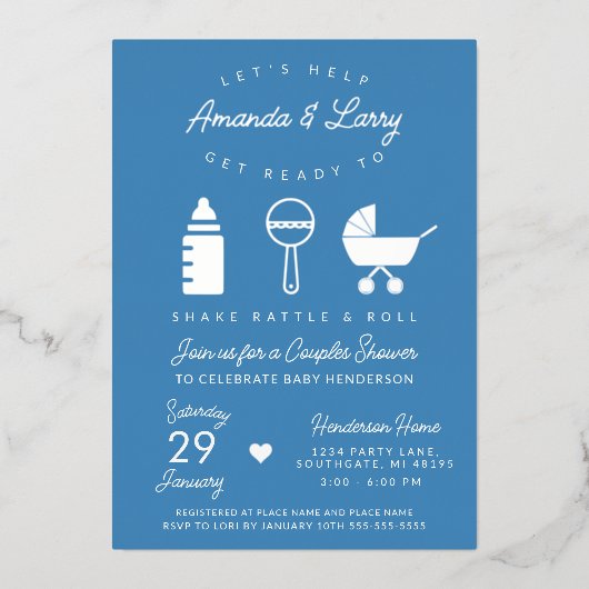 Blue Shake Rattle and Roll Baby Dusche Folieneinladung (Vorderseite)