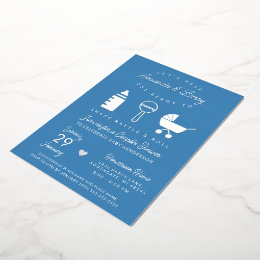 Blue Shake Rattle and Roll Baby Dusche Folieneinladung (Gedreht)