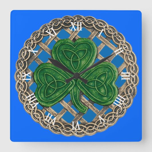 Blue Shamrock & Celtic Knots Roman Numeral Clock Quadratische Wanduhr (Vorderseite)