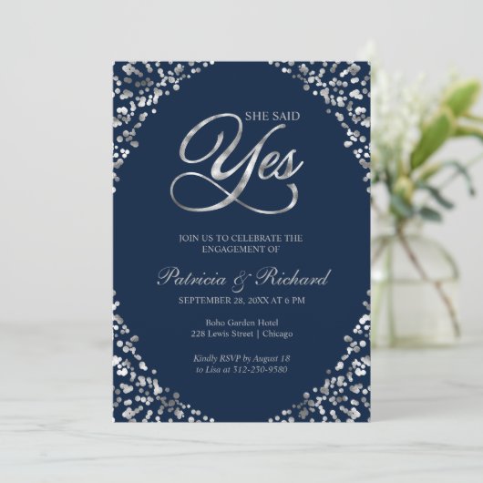 Blue She Said Yes Engagement Party Einladung (Stehend Vorderseite)
