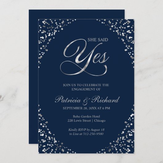 Blue She Said Yes Engagement Party Einladung (Vorne/Hinten)